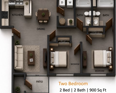 Floor plan for 2 beds, 2 baths, 900 sqft